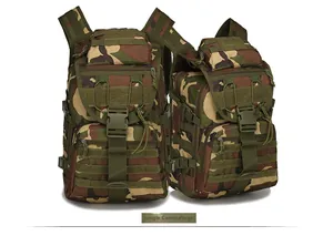 Detail of military tactical backpack with MOLLE system in jungle camouflage nylon