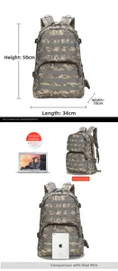 Tactical camo backpack dimensions 50x18x34cm showing 14 inch laptop and iPad compatibility