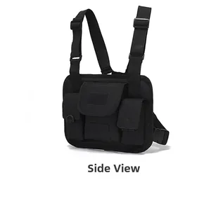 Side view of black tactical chest rig bag with adjustable nylon straps and utility pouches