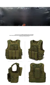 Close-up detail of military green tactical vest showing MOLLE system and storage pouches