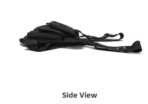 Side view of black tactical chest rig bag with adjustable nylon straps and utility pockets