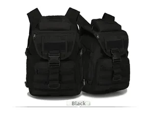 Detail of black 45L tactical backpack showing Molle system and side storage pockets
