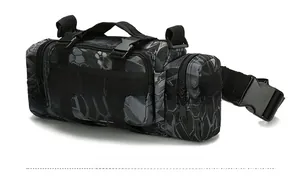 Tactical camouflage waist bag side view with adjustable belt and nylon storage compartments