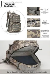 Detail showing 900D waterproof oxford fabric, sturdy buckles, and large inner capacity
