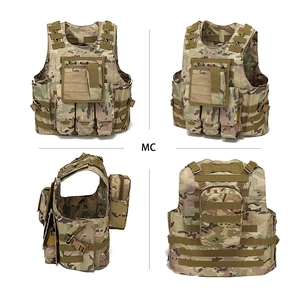 Macro views of MC camo tactical vest with MOLLE system and magazine pouches on white background