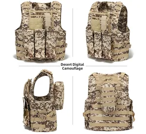 Detailed views of a desert digital camo tactical vest with MOLLE system and pouches