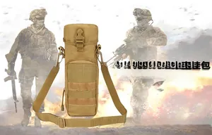 Tactical nylon water bottle pouch in khaki with front zipper pocket and MOLLE system