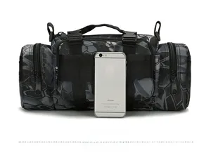 Macro detail of camouflage tactical waist bag showing modular straps and storage compartments