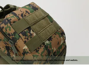 Top detail of camouflage tactical backpack showing Velcro straps and heavy-duty zipper