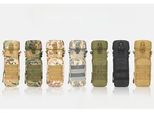 Detailed display of tactical bottle pouches in seven camo patterns with MOLLE system
