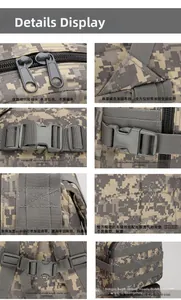 Detail view of tactical backpack featuring MOLLE system, mesh back pad and dual metal zippers
