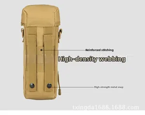 Detail of tactical waist bag with MOLLE system and reinforced stitching on khaki nylon