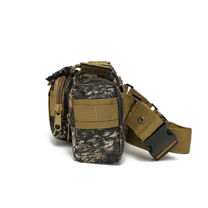 Side view of tactical woodland camo waist bag with multi-pocket design and plastic buckle