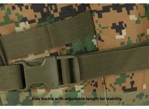 Macro shot of durable buckle and digital camouflage fabric on the 45L tactical backpack