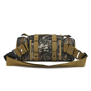 Macro detail of jungle camouflage tactical waist bag with durable nylon webbing straps