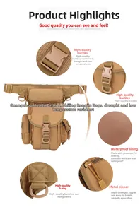 Detailansicht der khakifarbenen Taktik-Beintasche mit wasserdichtem PU-Futter und Metallzipper