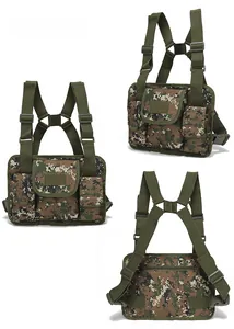 Detailed views of digital jungle camouflage chest rig with adjustable H-harness straps