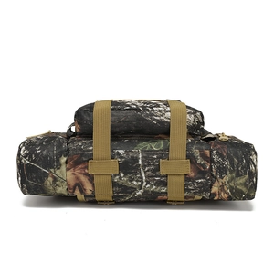 Detailed view of camouflaged tactical waist bag with heavy-duty webbing and metal zippers