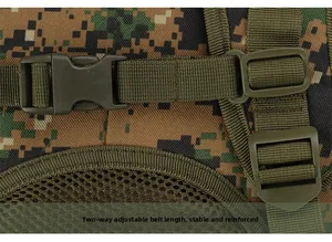 Detail of digital camo backpack with two-way adjustable waist belt and durable nylon webbing