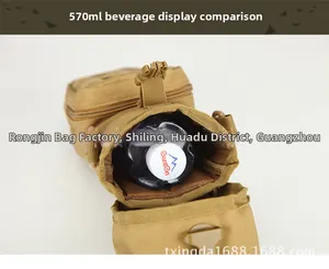 Tactical water bottle pouch showing capacity for a 570ml container in khaki nylon