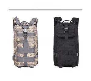 Comparison of black and ACU digital camouflage tactical backpacks with MOLLE system
