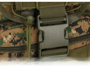 Close-up of tactical backpack featuring olive green plastic buckle and digital camo fabric