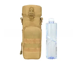 Detail of khaki tactical water bottle pouch with MOLLE straps and oxford fabric
