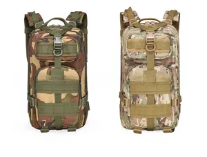 Close-up of tactical 3P backpacks in Woodland and CP camouflage with Molle web system