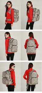 Detail views of grey digital camo tactical backpack with MOLLE system and multiple compartments