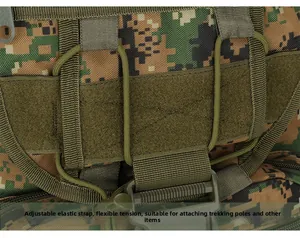 Tactical backpack detail with MOLLE system, elastic cords, and durable plastic buckle