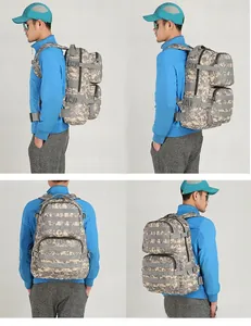 Detail of digital camouflage tactical backpack showing MOLLE system and ergonomic straps