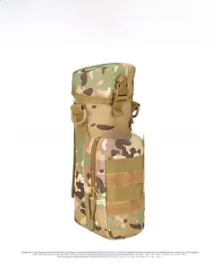 Detail of CP camouflage tactical water bottle pouch with Molle webbing and D-ring hooks