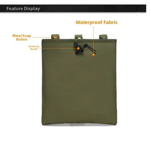 Detail of military green tactical pouch showing waterproof nylon fabric and snap buttons