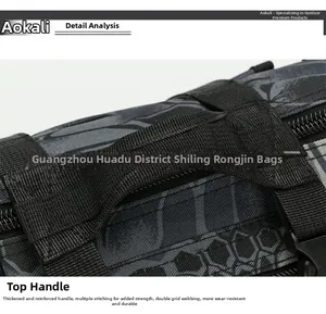 Detail of reinforced top handle with heavy-duty stitching on tactical camo waist bag