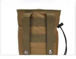 Detail view of khaki tactical Molle pouch with sturdy stitching and drawcord closure