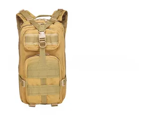 Detail view of khaki tactical 3P backpack with MOLLLE webbing and multi-layer zippers