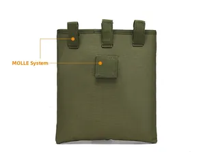 Detail view of military green tactical pouch with MOLLE system and nylon straps