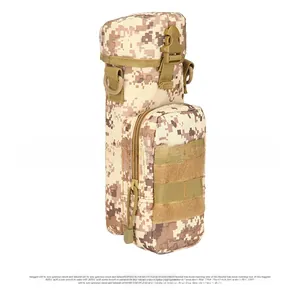 Detailed side view of a desert camo tactical water bottle pouch with MOLLE straps