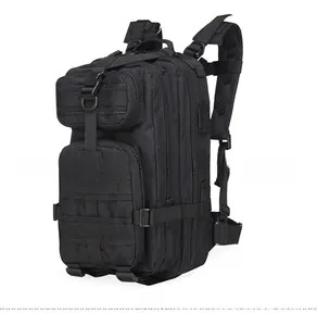 Detailed side view of black tactical backpack with MOLLE webbing and padded straps
