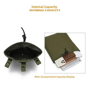 Internal capacity of green tactical pouch holding a tablet, phone, and power bank