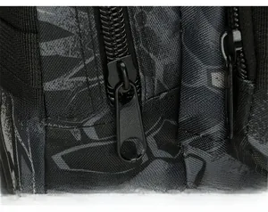 Macro detail of high-quality metal zipper on a camouflage waterproof tactical waist bag