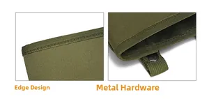 Detailed view of army green tactical pouch featuring reinforced edges and metal snap buttons