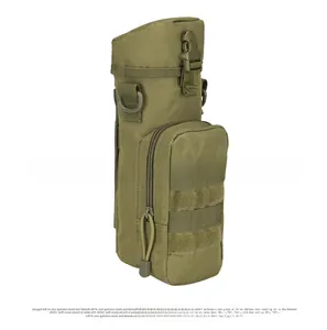 Detail view of army green tactical water bottle pouch with Molle system and D-ring