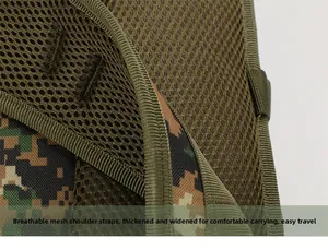 Macro view of thickened breathable mesh sandwich shoulder straps on camouflage tactical backpack