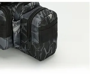Detail of tactical camouflage waist bag with Molle system and external side pockets