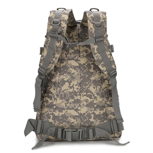 Digital camouflage tactical backpack back view with padded straps and MOLLE system
