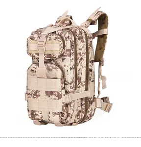 Detailed desert digital tactical backpack featuring MOLLE webbing system and rugged design