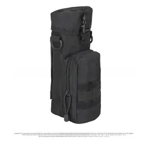 Detail view of black tactical water bottle pouch with Molle webbing and D-ring attachment