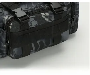 Detail of durable MOLLE webbing system and buckled straps on tactical waist bag