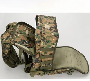 Detailed view of 45L tactical backpack interior with multiple storage layers and straps